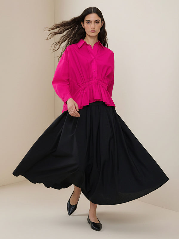Elasticated Waist Irregularity Buttoned Pleated Ruffled Solid Color Lapel Blouses&Shirts Tops