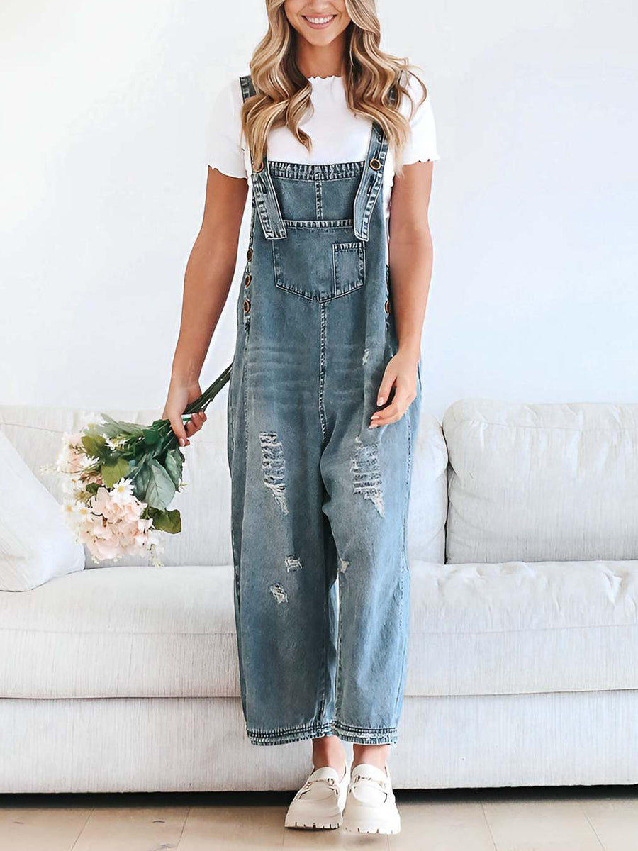 Cropped Wide Leg Buttoned Pockets Solid Color Adjustable Straps Overalls