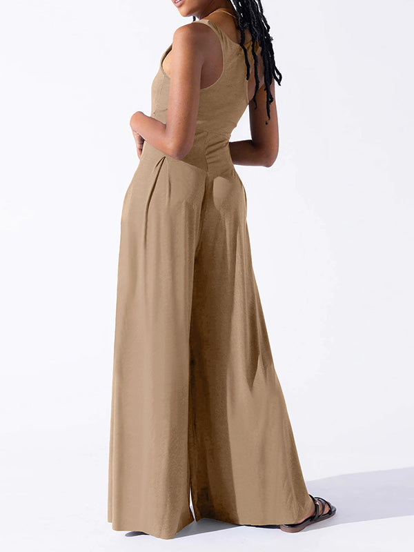 Loose Sleeveless Pleated Solid Color Spaghetti-Neck Jumpsuits