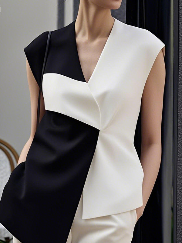 Loose Sleeveless Asymmetric Contrast Color V-Neck Vest Top