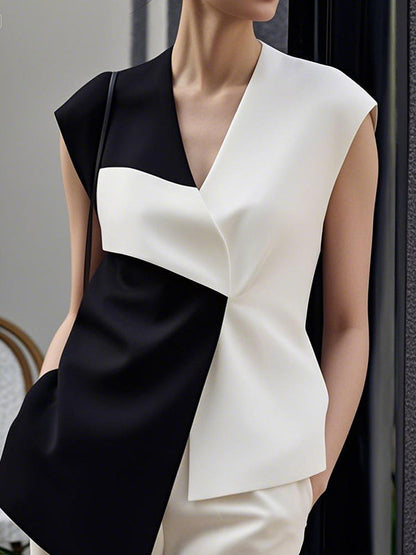 Loose Sleeveless Asymmetric Contrast Color V-Neck Vest Top