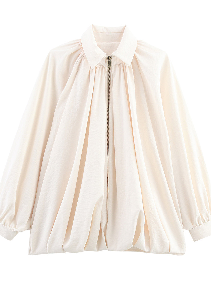 Zipper Solid Color Pleated Puff Sleeves Loose Lapel Outerwear