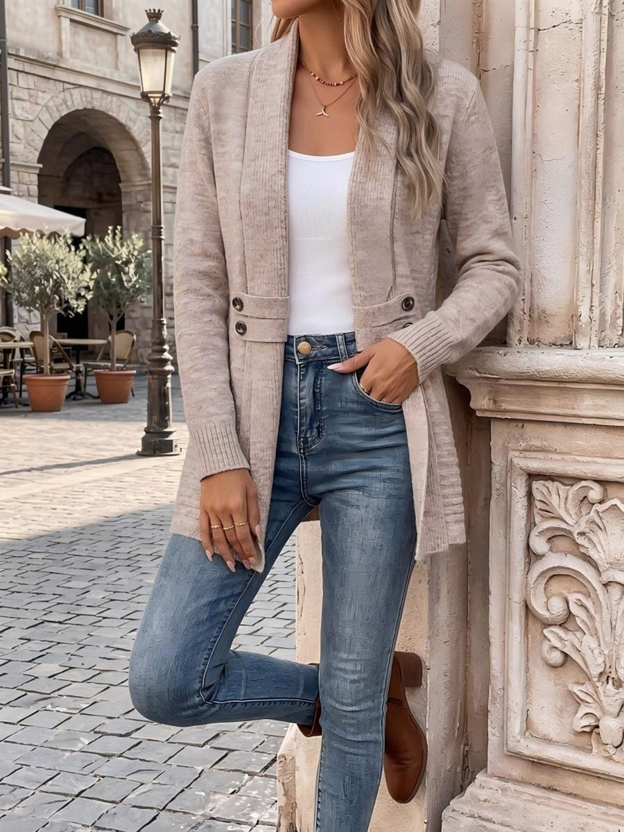 Solid Color Buttoned Loose Long Sleeves Collarless Cardigan Tops