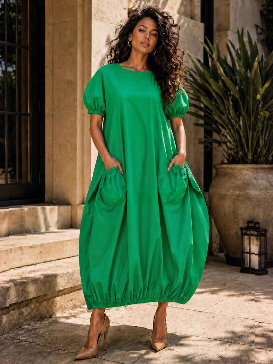 Split-Joint Solid Color Pockets Elastics Short Sleeves Bloomers Round-neck Maxi Dresses