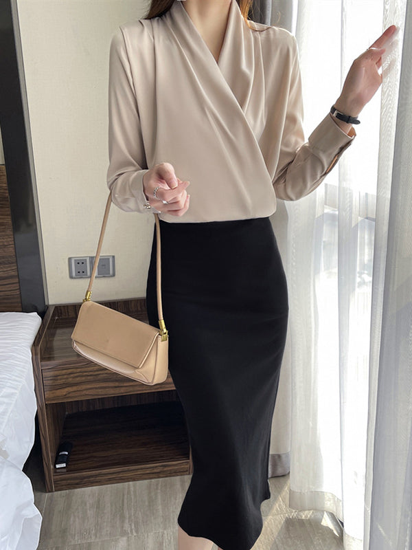 Long Sleeves Loose Buttoned Solid Color V-Neck Blouses&Shirts Tops