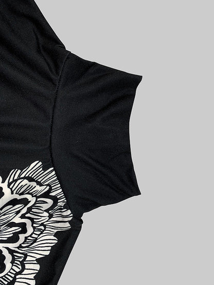 Batwing Sleeves Loose Asymmetric Floral Printed Split-Joint High Neck T-Shirts
