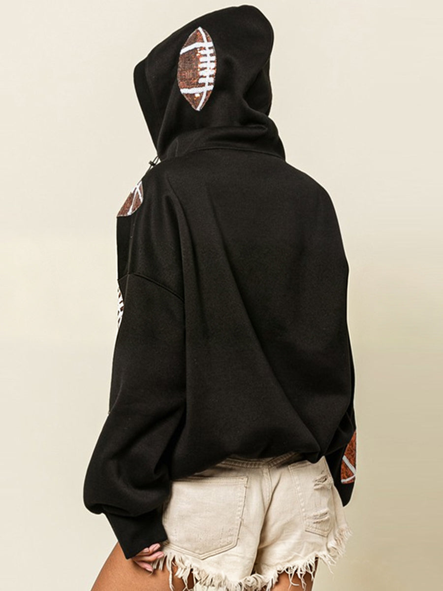 Zipper Split-Joint Ribbed Printed Pockets Drawstring Loose Long Sleeves Hooded Sweater Pullovers