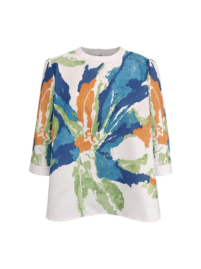 Flower Print Contrast Color Buttoned Loose Half Sleeves Round-neck T-Shirts Tops