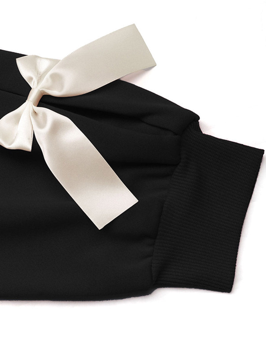 Split-Joint Contrast Color Bow-Embellished Loose Long Sleeves Round-Neck Sweatshirt Tops