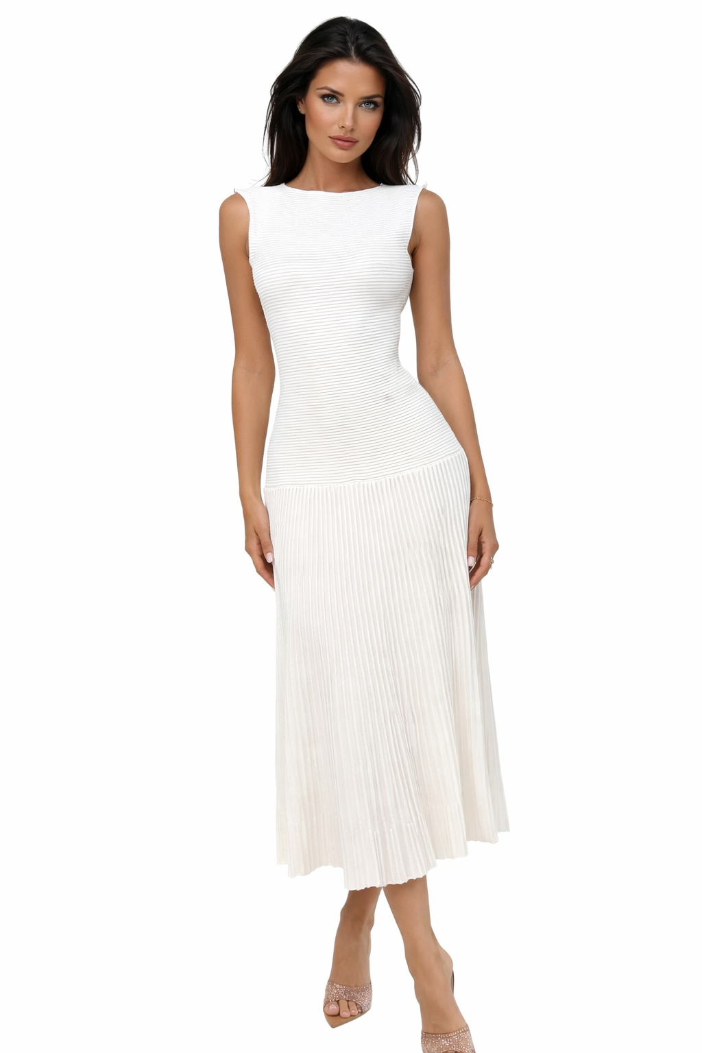 NAREL Pleated Knit Midi Dress | Elegant Sleeveless Dress WHITE
