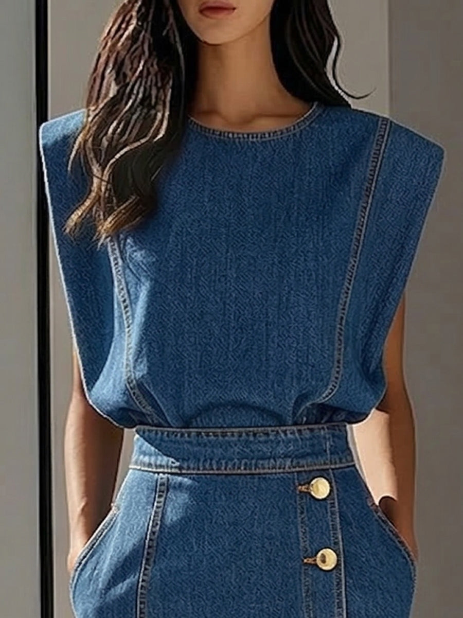 Bodycon High Waisted Buttoned Pockets Solid Color Round-Neck Top + Skirt Bottom Suits