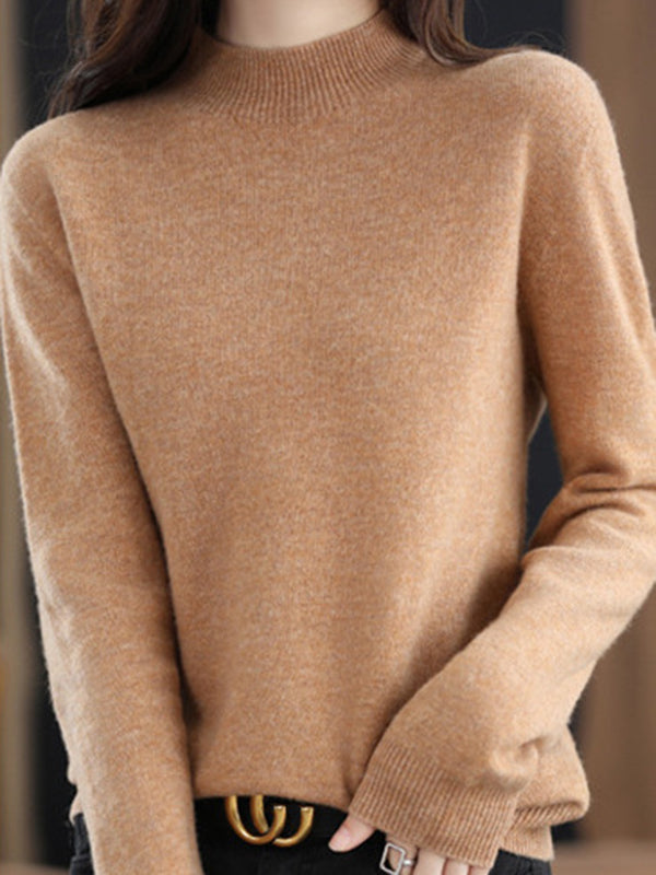 Office Long Sleeves Solid Color High-Neck Sweater Tops Pullovers