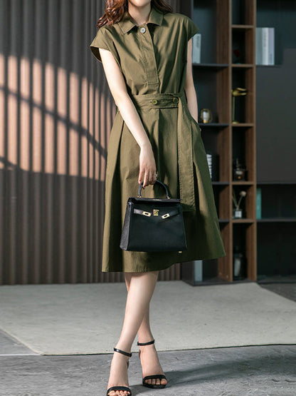 Plus Size Short Sleeves Bandage Solid Color Lapel Midi Dresses