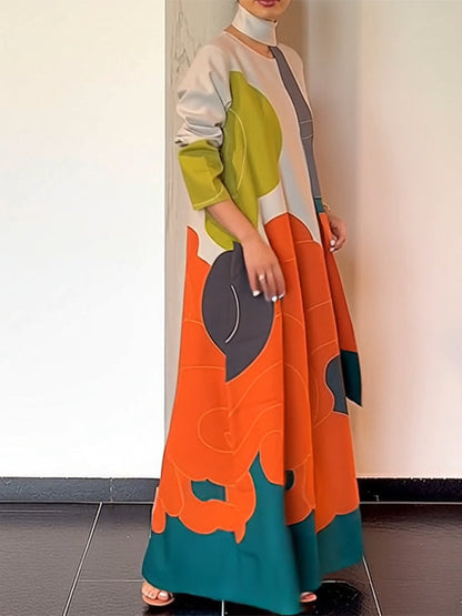 Long Sleeves Loose Printed Split-Joint Round-Neck Maxi Dresses