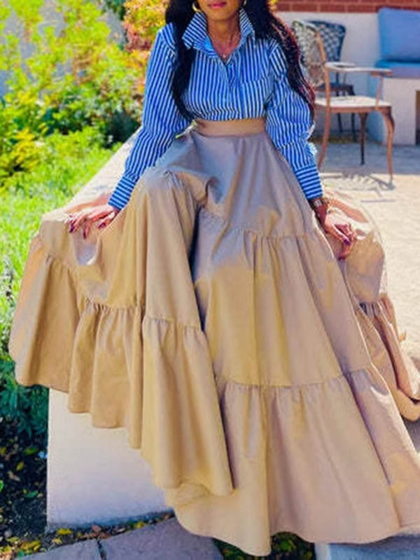 Split-Joint Striped Lapel Blouse + A-Line High Waisted Pleated Skirt Two Pieces Set