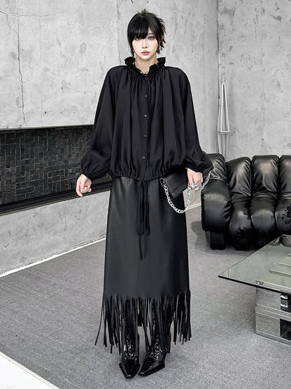 Long Sleeves Loose Drawstring Pleated Pullover Design Solid Color Lace Collar Blouses&Shirts Tops