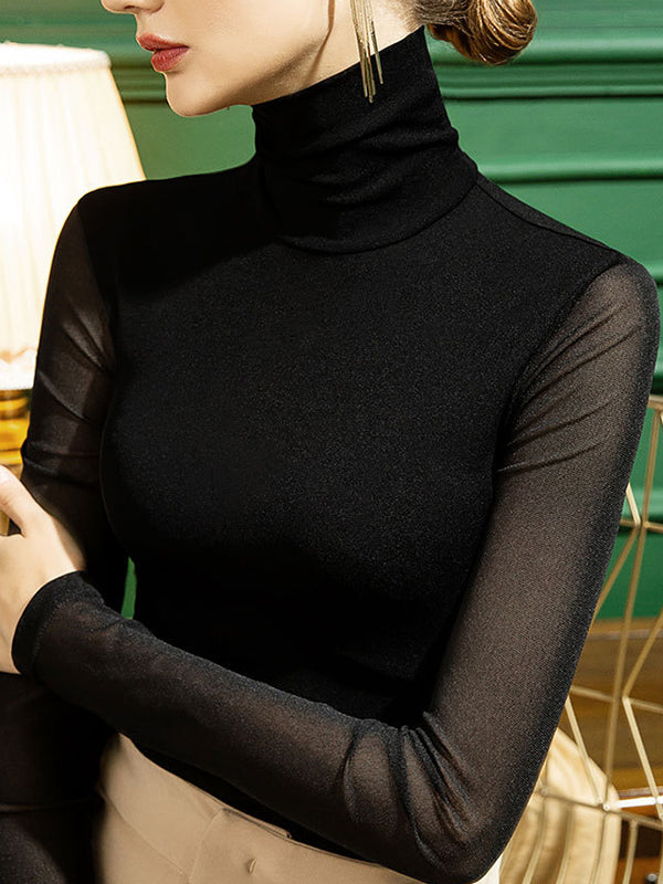 T-shirts à manches longues, col montant, transparents, couleur unie, grande taille 