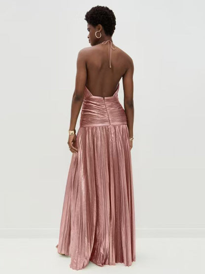 Elasticated Waist Sleeveless Pleated Shiny Solid Color Split-Side Halter-Neck Maxi Dresses