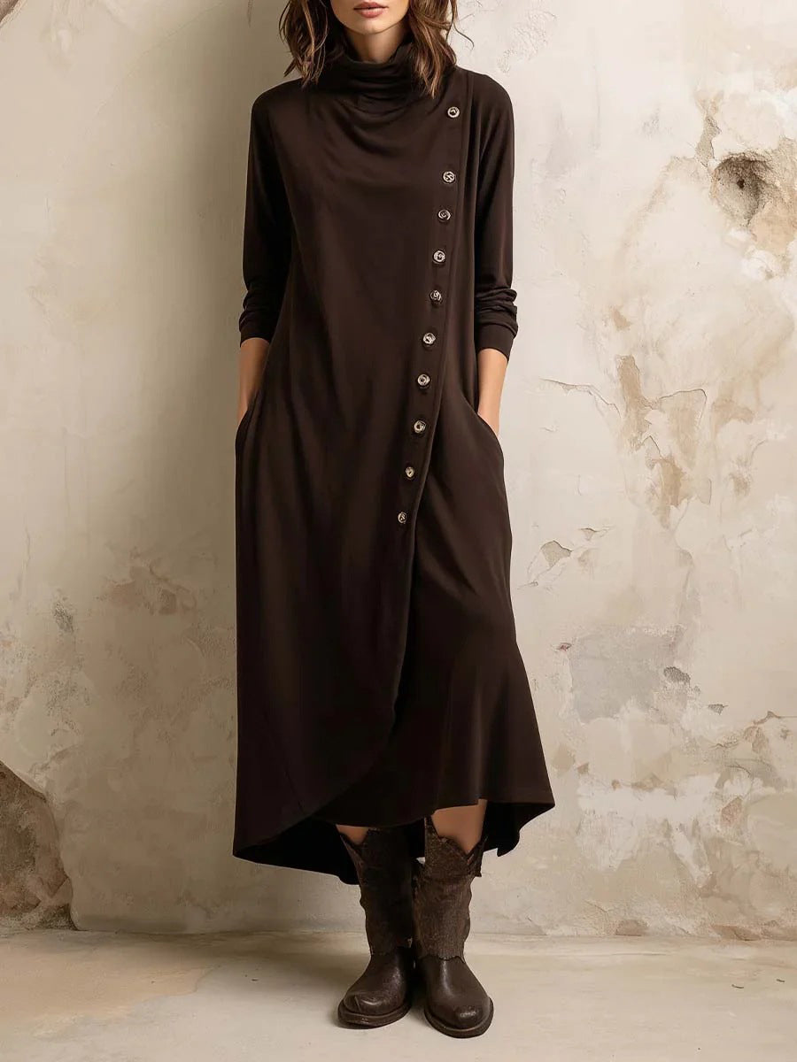 Solid Color Pockets Buttoned Asymmetric Long Sleeves Mock Neck Midi Dresses