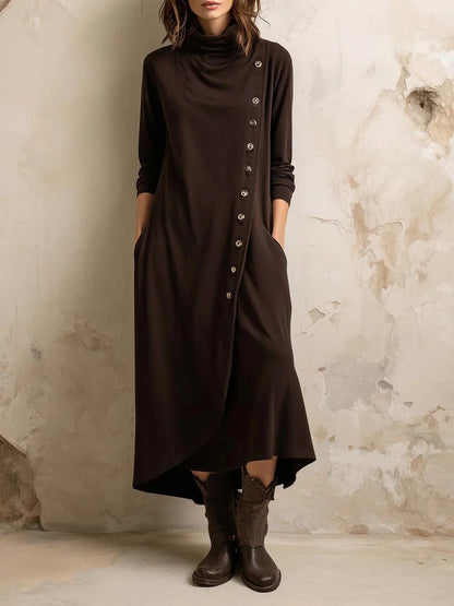 Solid Color Pockets Buttoned Asymmetric Long Sleeves Mock Neck Midi Dresses