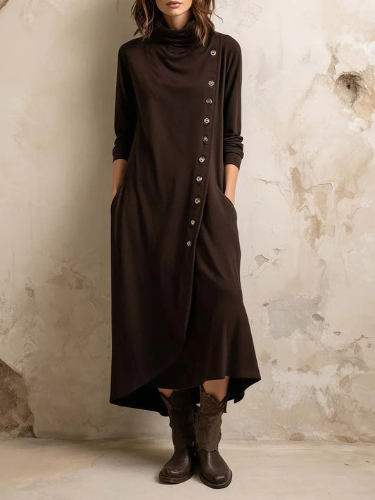 Solid Color Pockets Buttoned Asymmetric Long Sleeves Mock Neck Midi Dresses