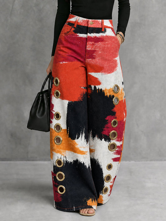 Printed Pockets Hollow Contrast Color Wide Leg High Waisted Trousers Pants