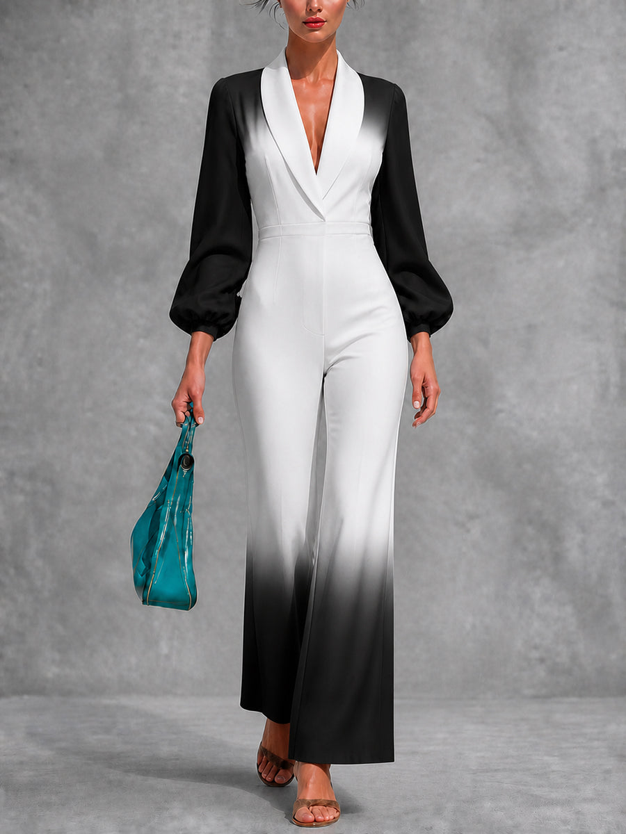 Zipper Pleated Gradient Puff Sleeves Long Sleeves V-neck Jumpsuits