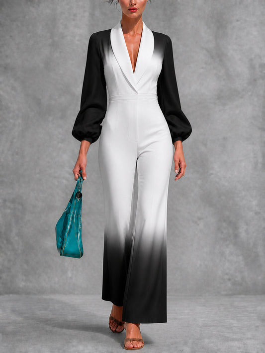 Zipper Pleated Gradient Puff Sleeves Long Sleeves V-neck Jumpsuits