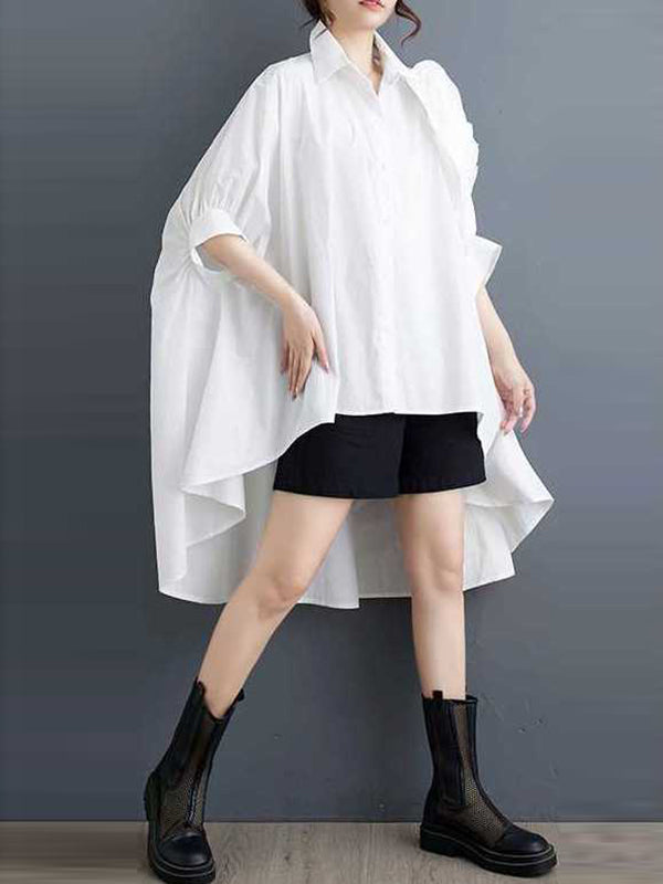 Batwing Sleeves Half Sleeves Asymmetric Buttoned Pleated Solid Color Three-Dimensional Flower Lapel Blouses&Shirts Tops