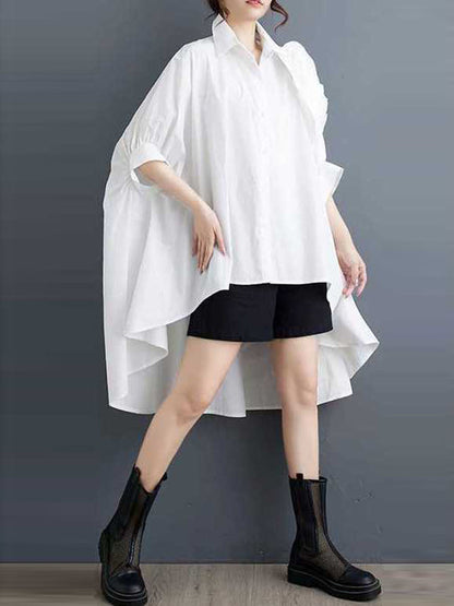 Batwing Sleeves Half Sleeves Asymmetric Buttoned Pleated Solid Color Three-Dimensional Flower Lapel Blouses&Shirts Tops
