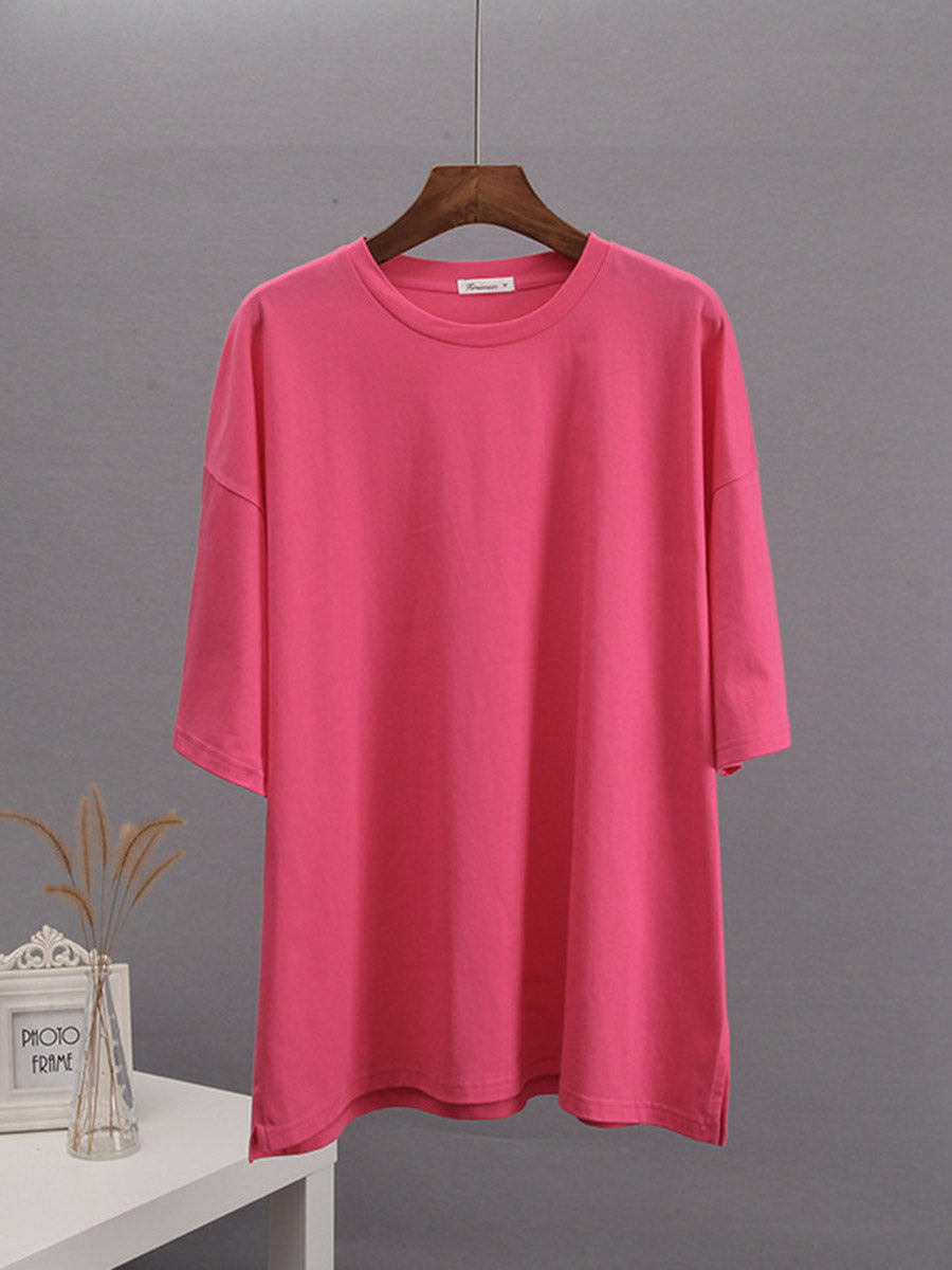 Loose Short Sleeves Solid Color Split-Side Round-Neck T-Shirts Tops
