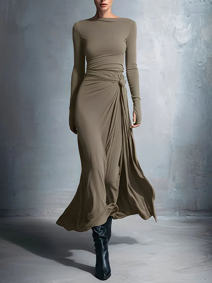 Split-Joint Solid Color Knot Asymmetric Long Sleeves Round-neck Maxi Dresses