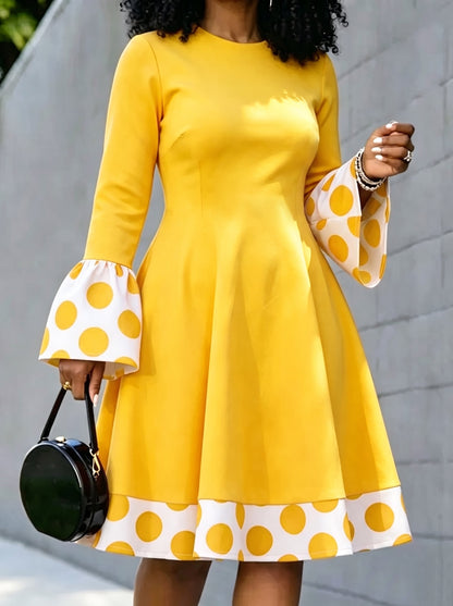 Zipper Split-Joint Polka-Dot Contrast Color Long Sleeves High Waisted Round-neck Midi Dresses