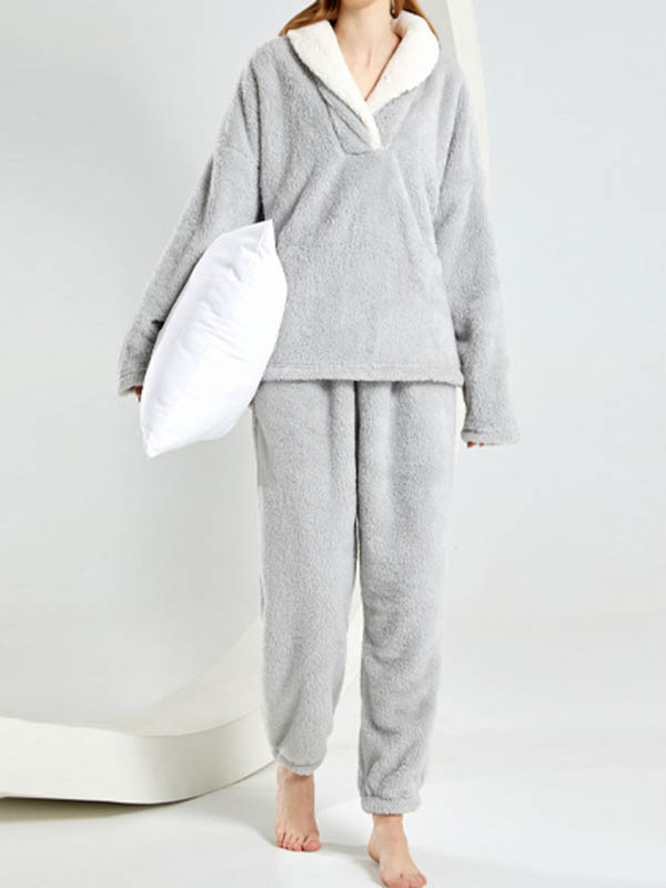 Coral Fleece Split-Joint V-Neck + Pants Pajama Two Pieces Set