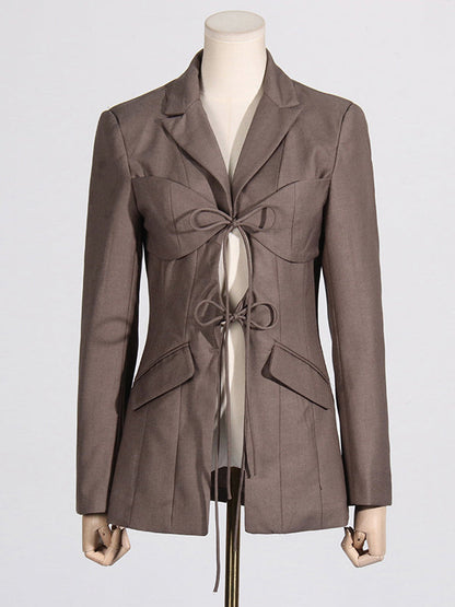 Long Sleeves Loose Pockets Solid Color Tied Notched Collar Blazer Outerwear