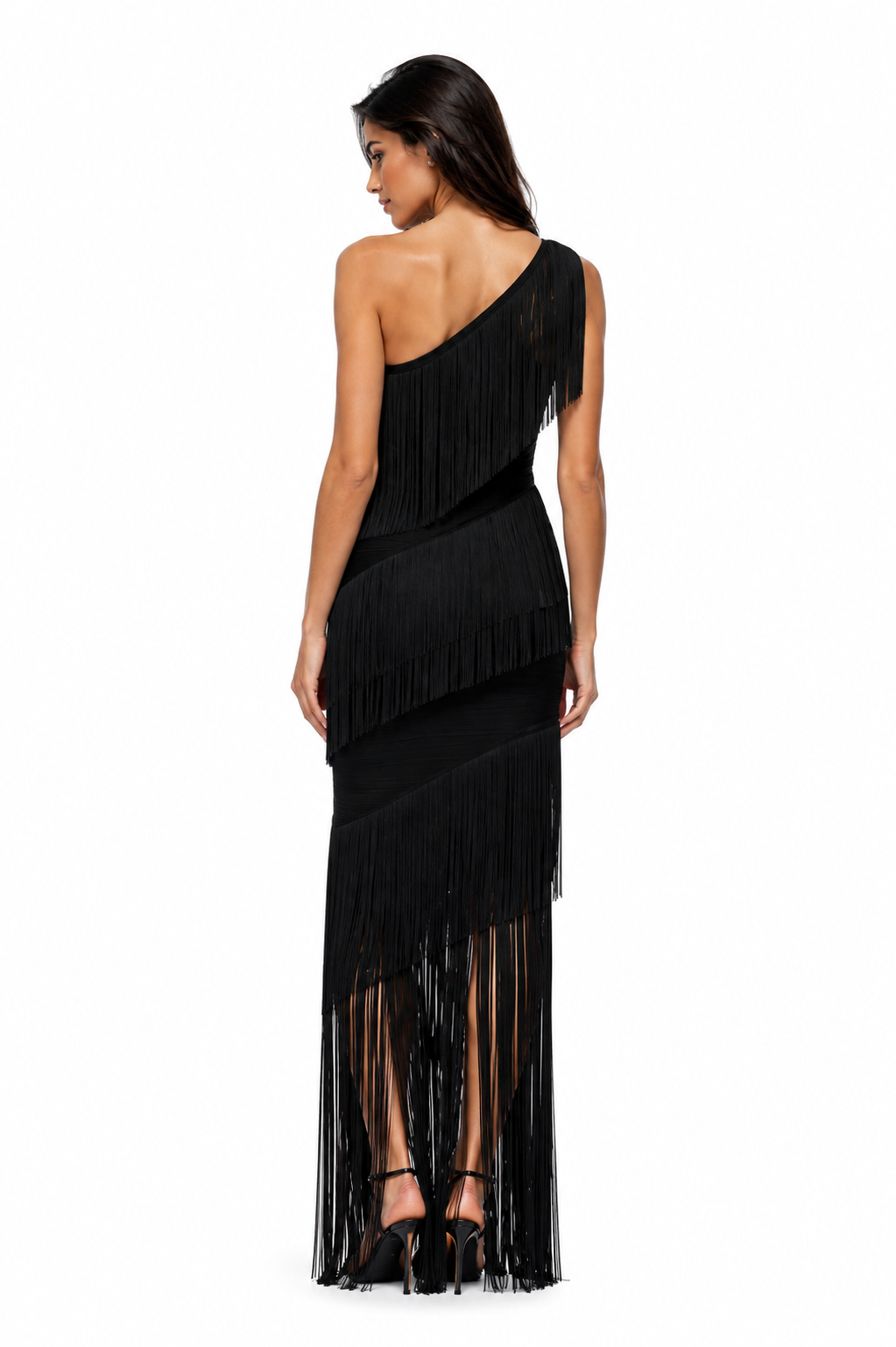 TATIANA Rhythm One-Shoulder Fringe Bandage Gown – Black Asymmetrical Maxi Dress