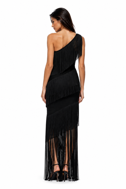 TATIANA Rhythm One-Shoulder Fringe Bandage Gown – Black Asymmetrical Maxi Dress