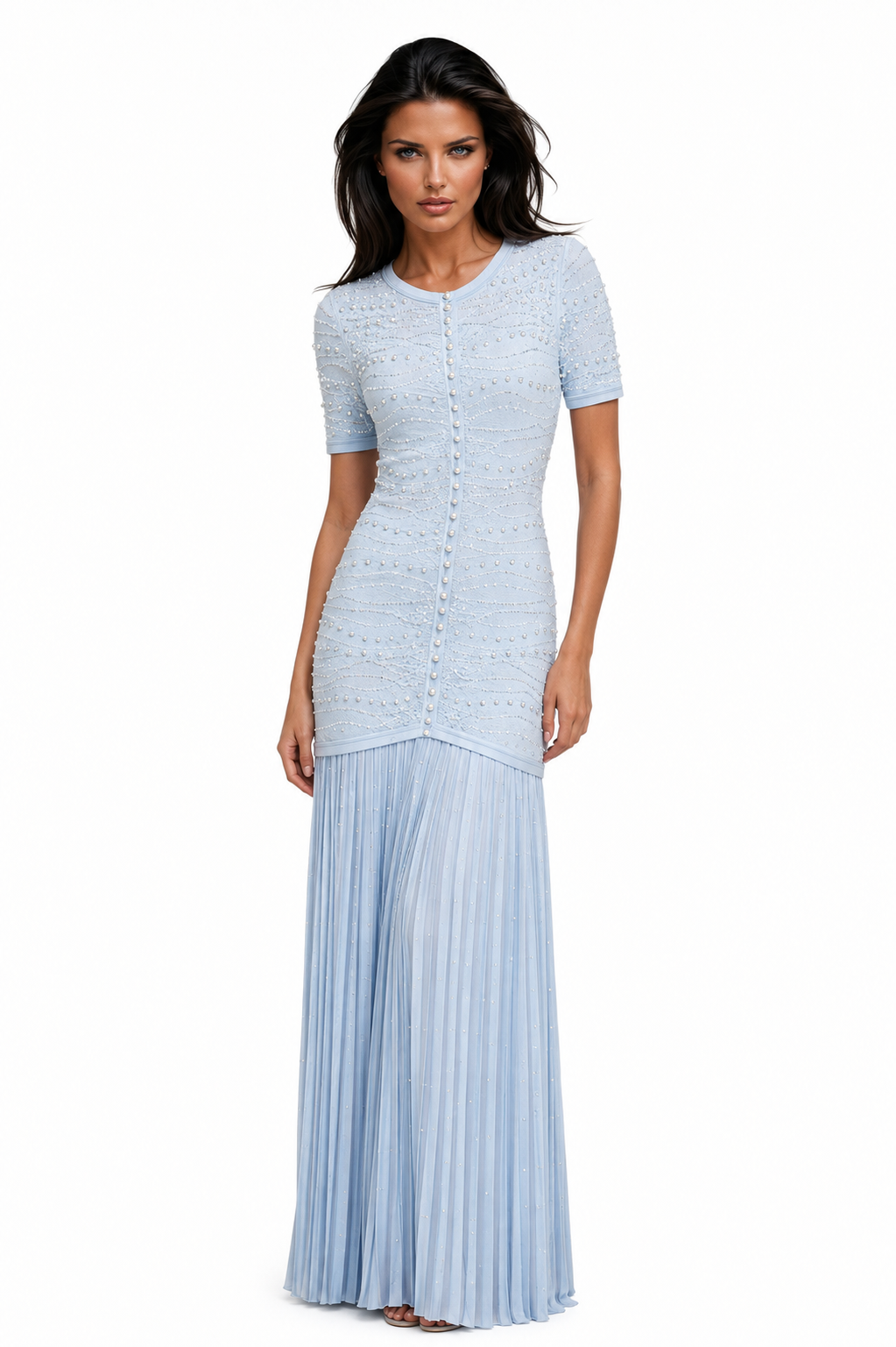 GINA Knit Pearl Embellished Pleated Maxi Dress – Elegant Beaded Gown