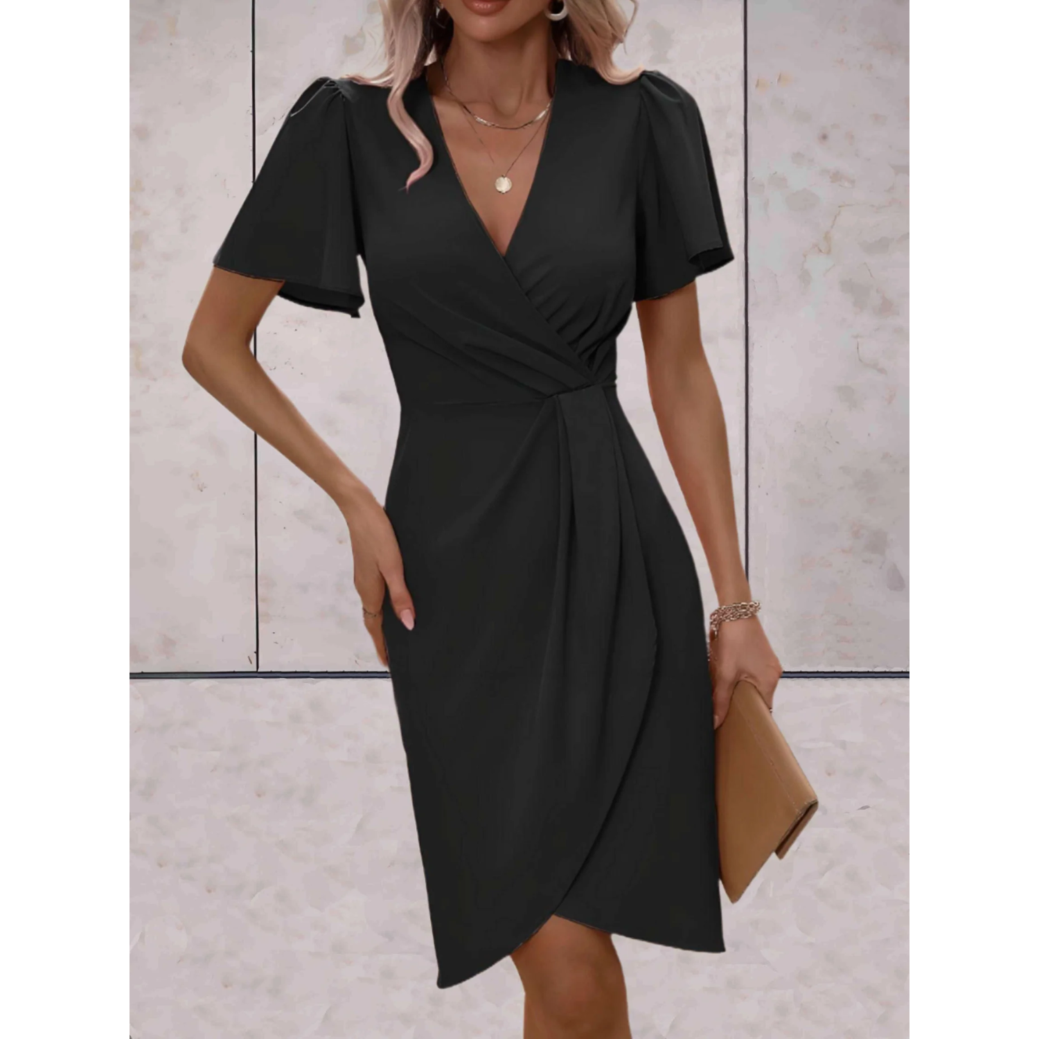Tara | Women's Wrap Midi Dress Flutter Sleeve V-Neck Bodycon
