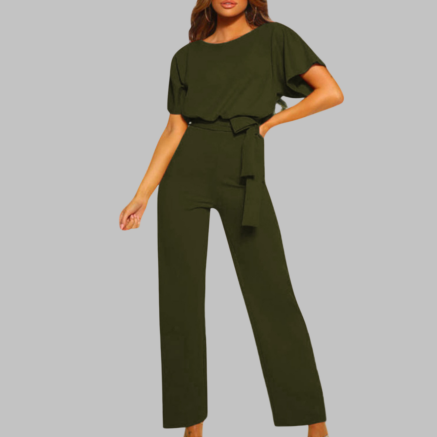 Sunny | Women's Belted Wide Leg Jumpsuit Batwing Sleeve Crewneck