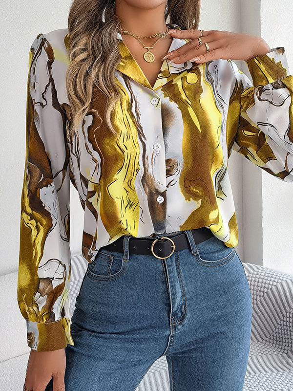 Long Sleeves Loose Buttoned Printed Notched Collar Blouses&Shirts Tops YELLOW