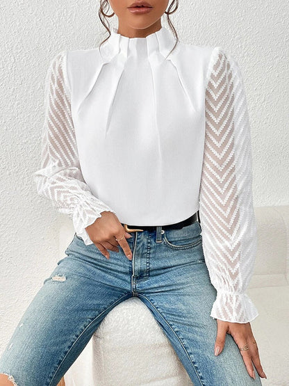 Long Sleeves Loose Elasticity Mesh Pleated Solid Color Mock Neck Blouses&Shirts Tops