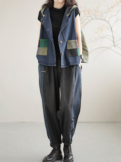 Gilet à capuche sans manches en denim ample et boutonné de couleur contrastée, style rétro artistique 