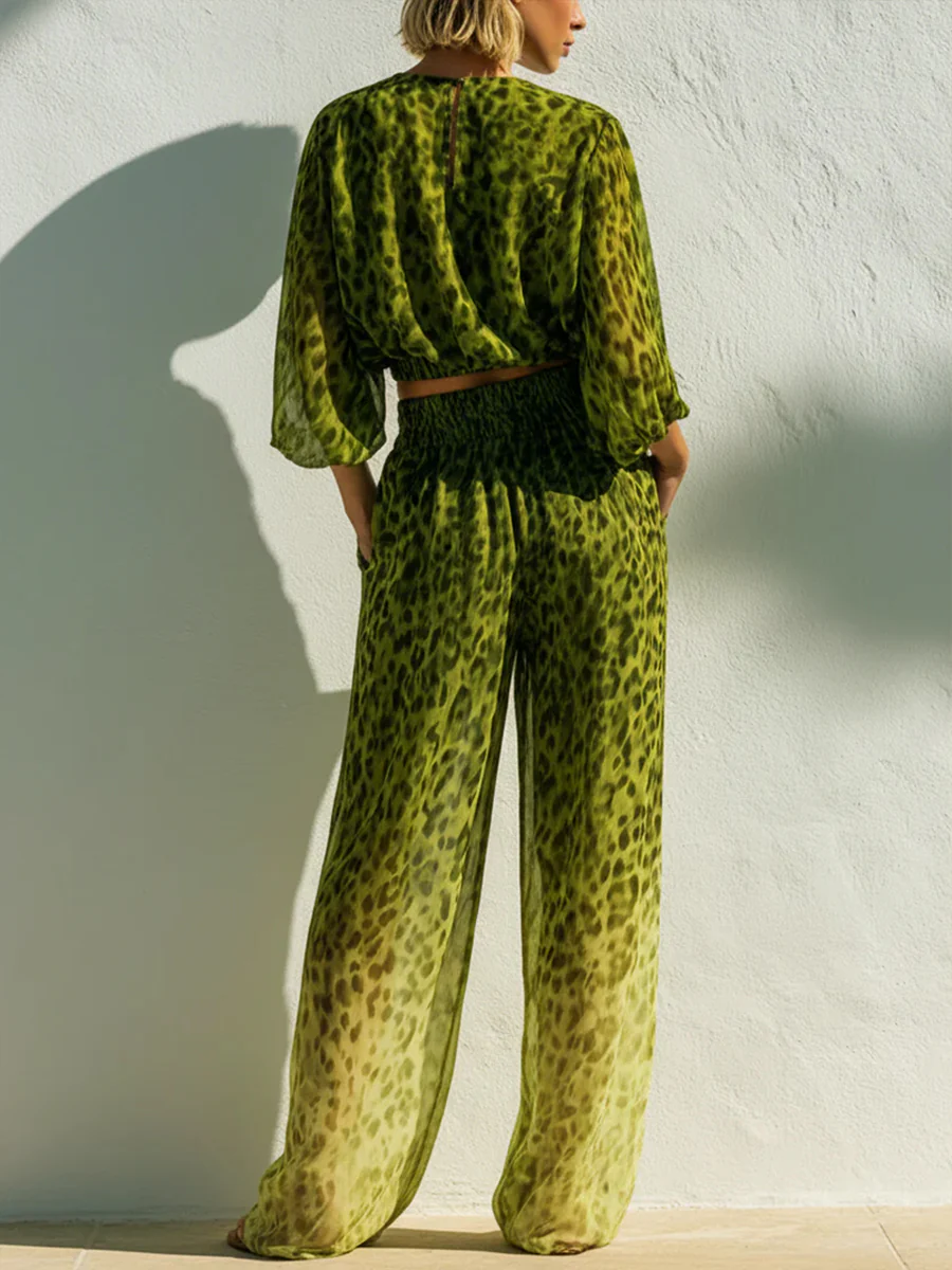 Cropped Long Sleeves Elasticity Leopard Printed Round-Neck Blouses&Shirts Tops