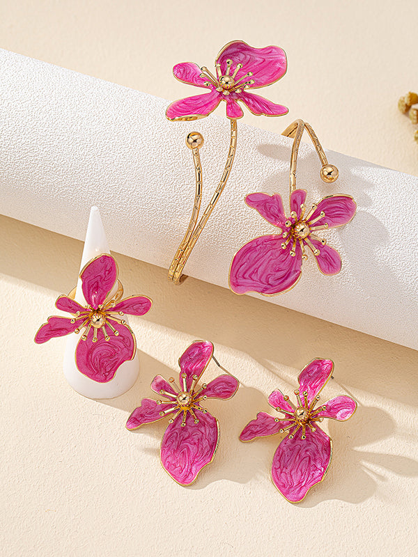 Flower Shape Bracelet + Earrings + Rings Accessories Three Pieces