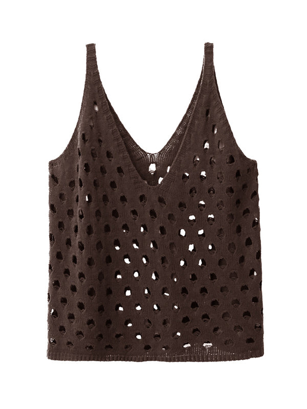 Loose Sleeveless Hollow Solid Color V-Neck Vest Top