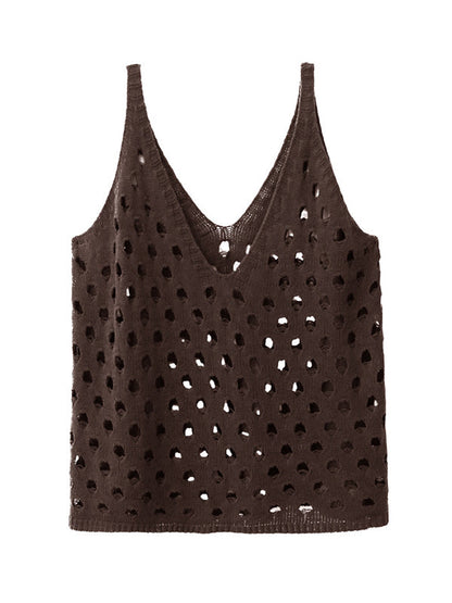 Loose Sleeveless Hollow Solid Color V-Neck Vest Top