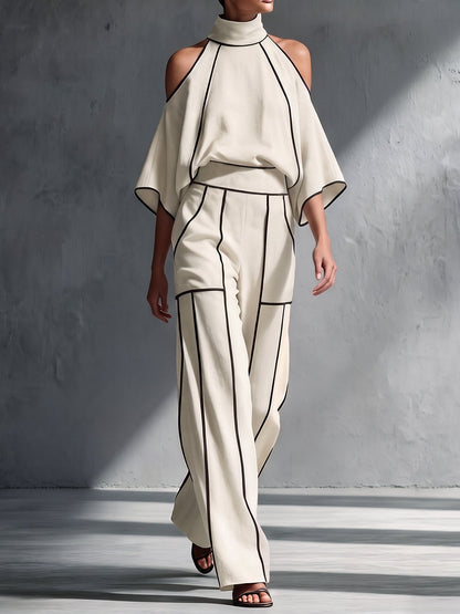 Striped Pockets Elasticity Contrast Color High Waisted Trousers Pants
