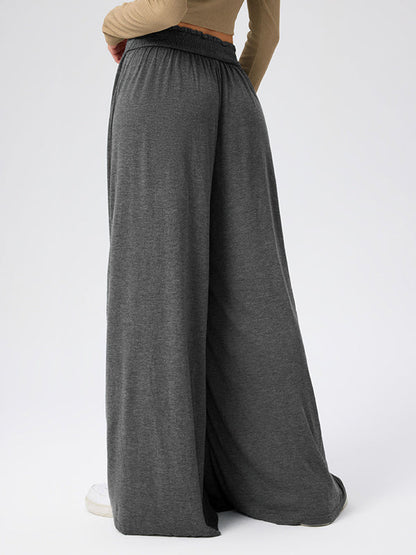High Waisted Loose Pleated Pockets Solid Color Split-Joint Pants Trousers