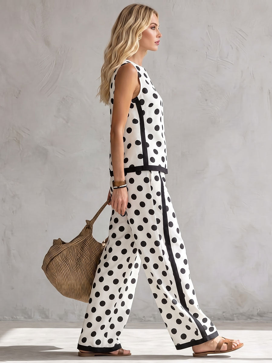 Sleeveless Contrast Color Polka Dot Round-Neck Tank Top